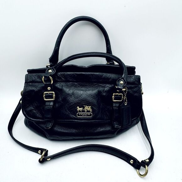 Coach Black Leather Madison Flap Carryall Satchel Shoulder Bag Strap & Handles - Picture 1 of 16